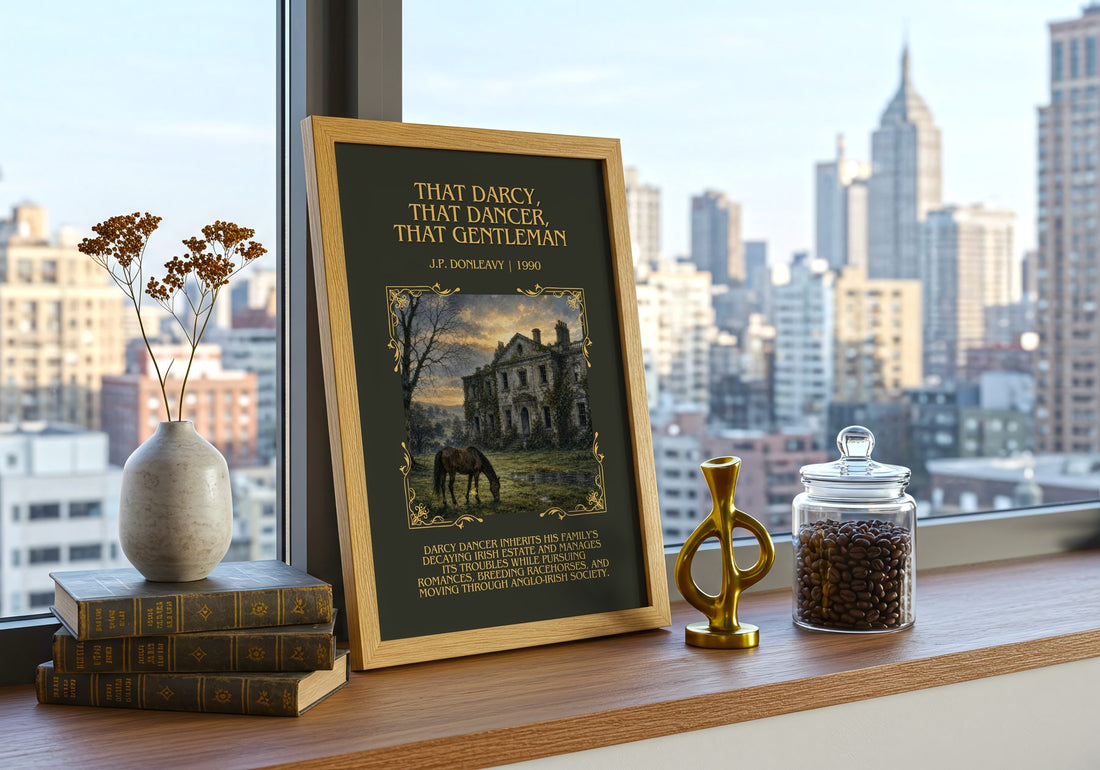 That Darcy, That Dancer, That Gentleman Minimalist Book Poster – framed print on a city-view windowsill