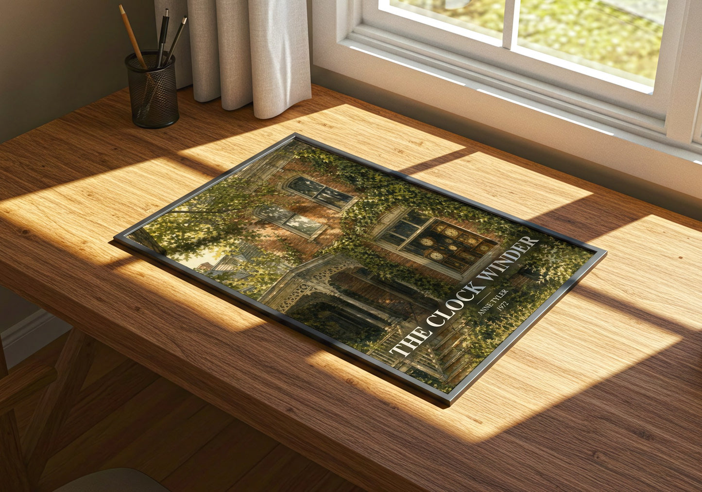 The Clock Winder watercolour book poster framed on wall – literary fiction wall art