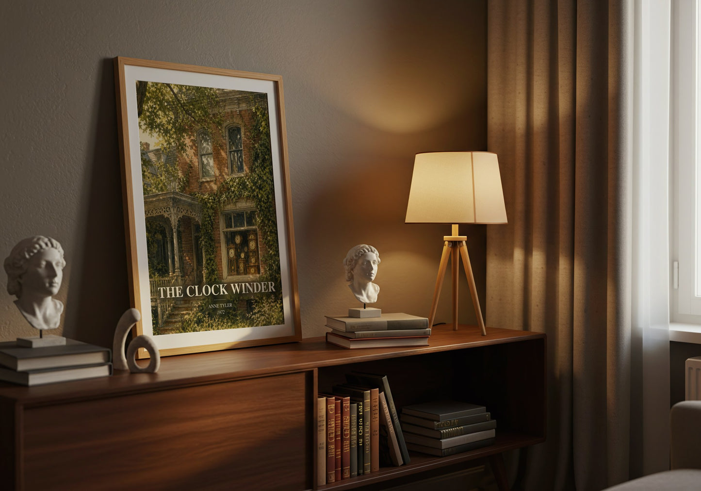The Clock Winder watercolour print on bookshelf – Anne Tyler fan gift