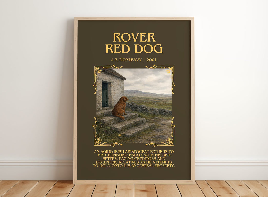 Rover Red Dog Minimalist Book Poster by J.P. Donleavy – framed print leaning on a wooden floor