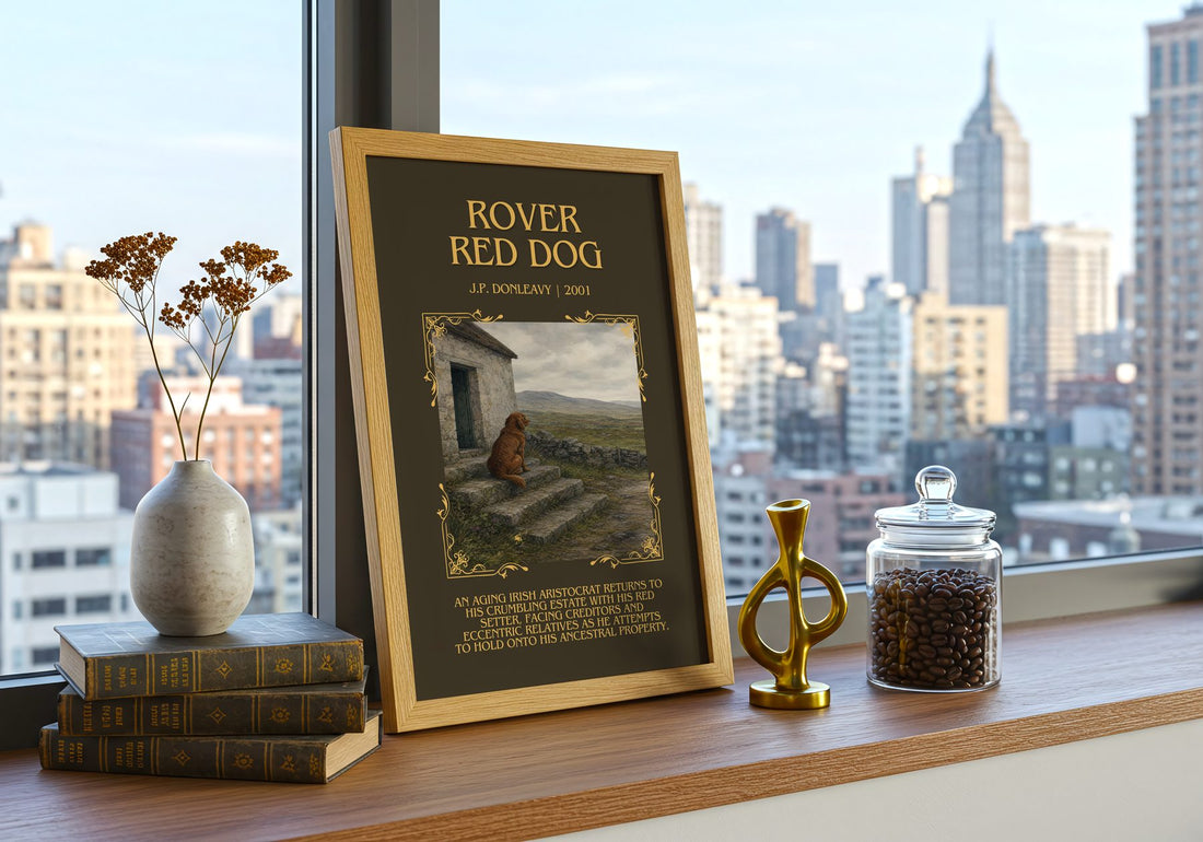 Rover Red Dog Minimalist Book Poster by J.P. Donleavy – framed print on a city-view windowsill