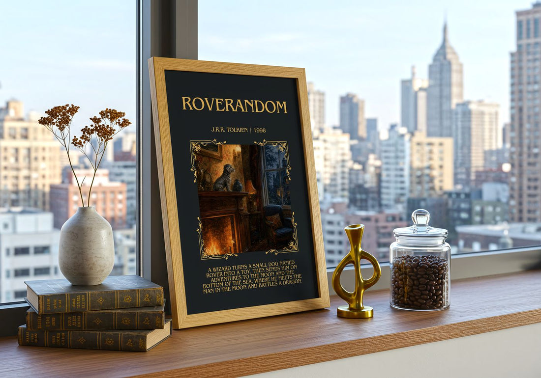 Roverandom Minimalist Book Poster by J.R.R. Tolkien – framed print on a city-view windowsill