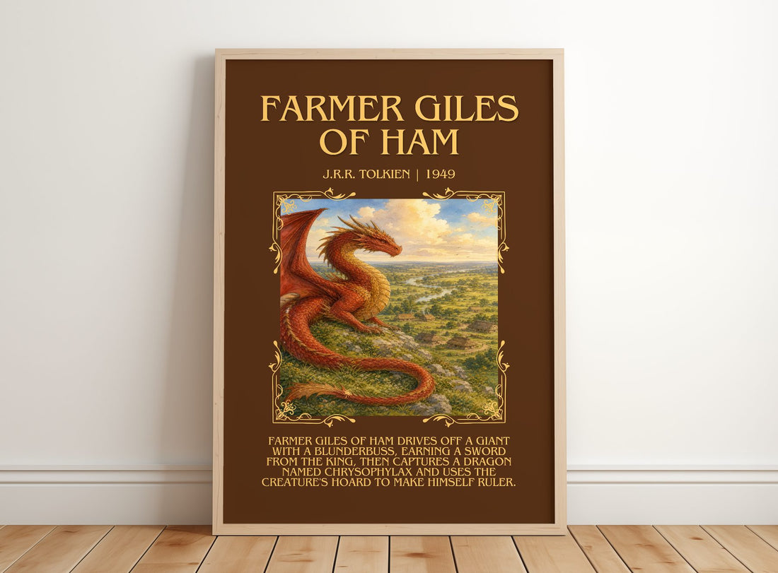 Farmer Giles Of Ham Minimalist Book Poster by J.R.R. Tolkien – framed print leaning on a wooden floor