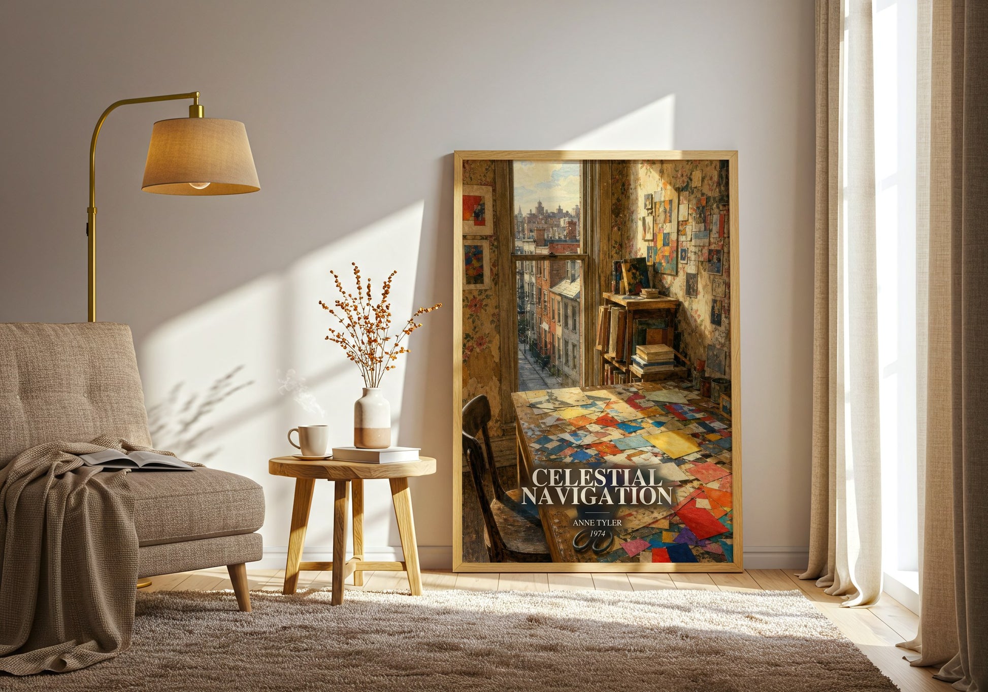 Celestial Navigation watercolour print in frame leaning in hallway – literary fiction wall art