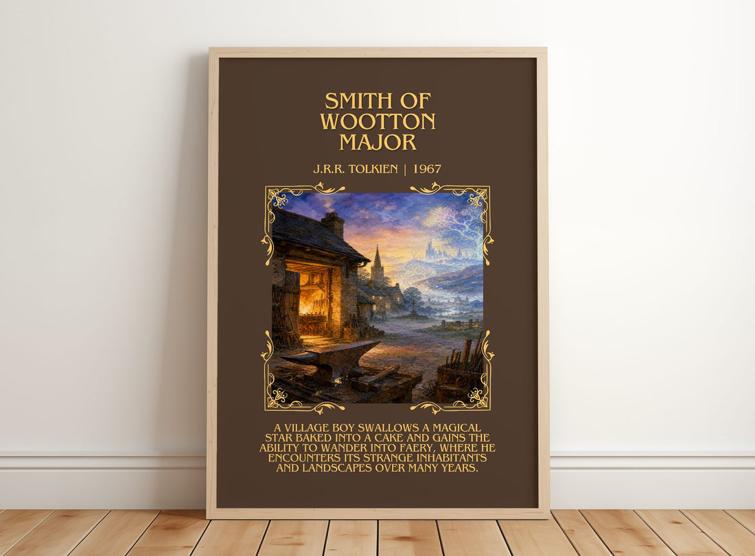 Smith Of Wootton Major Minimalist Book Poster by J.R.R. Tolkien – framed print leaning on a wooden floor