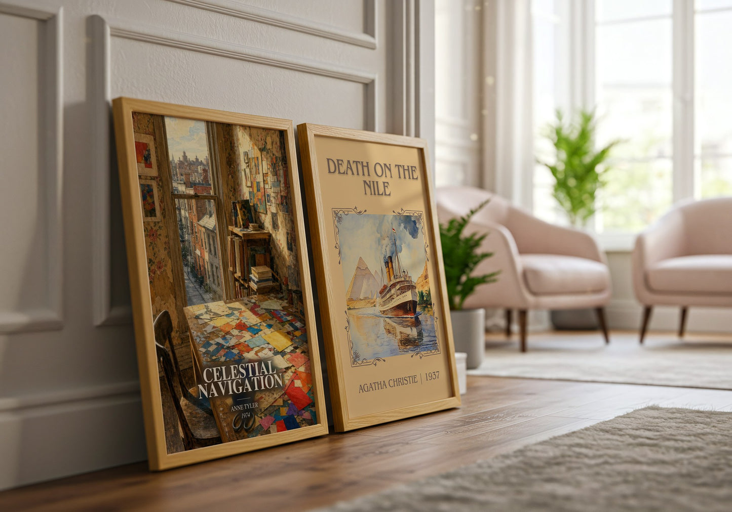 Celestial Navigation watercolour print framed by window – literary home decor