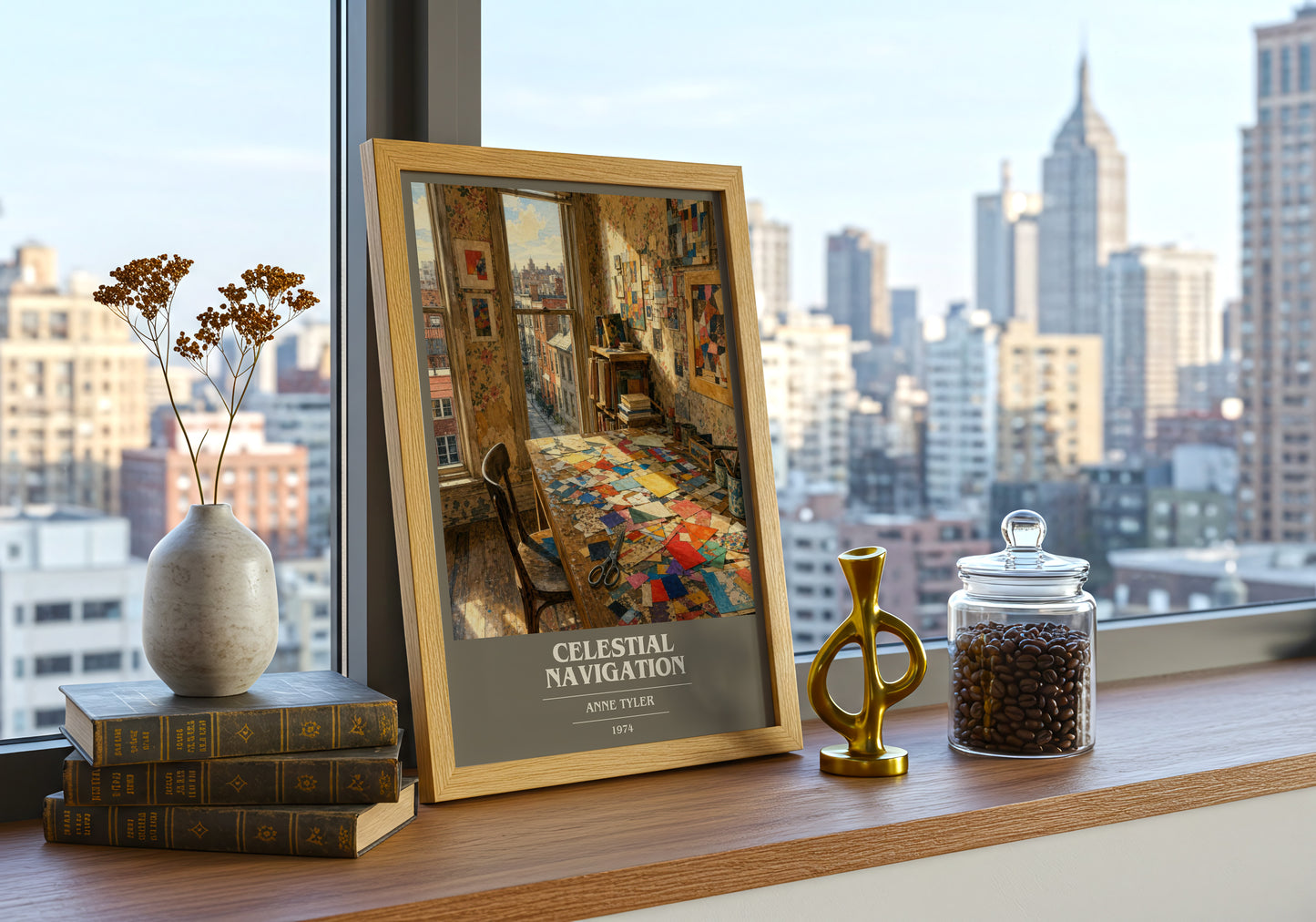 Celestial Navigation book cover print framed by window – literary home decor