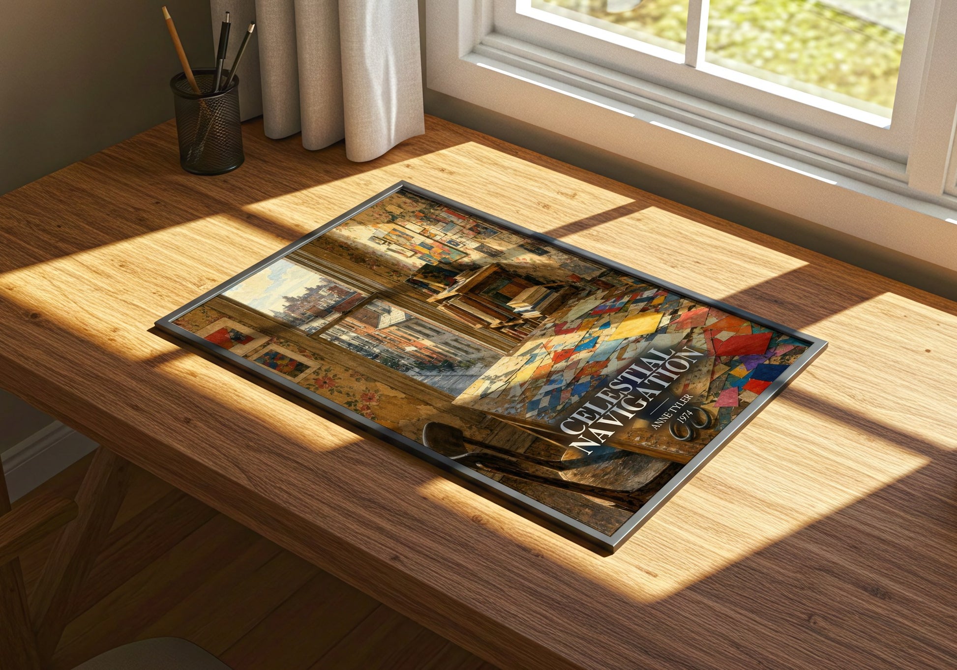Celestial Navigation watercolour book poster framed on wall – literary fiction wall art