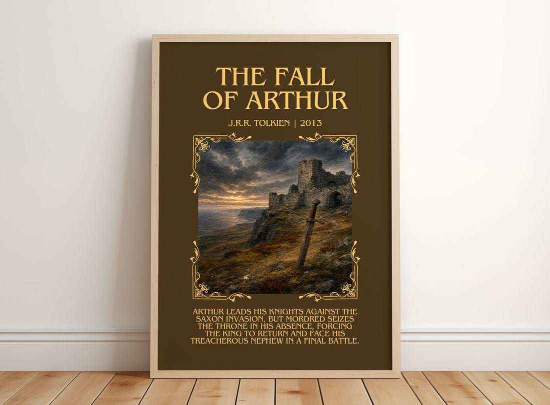 The Fall Of Arthur Minimalist Book Poster by J.R.R. Tolkien – framed print leaning on a wooden floor