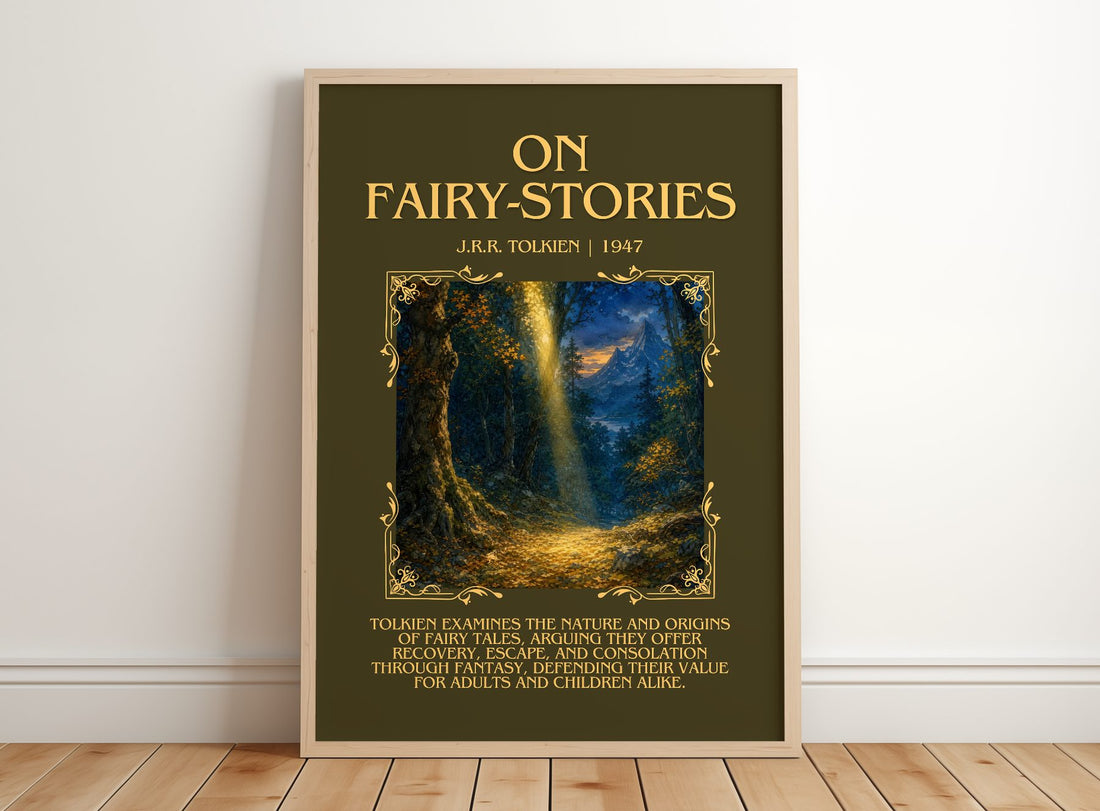 On Fairy-Stories Minimalist Book Poster by J.R.R. Tolkien – framed print leaning on a wooden floor
