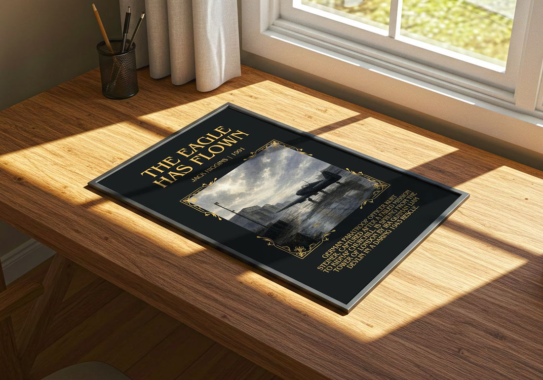 The Eagle Has Flown Minimalist Book Poster by Jack Higgins – print on a sunlit desk