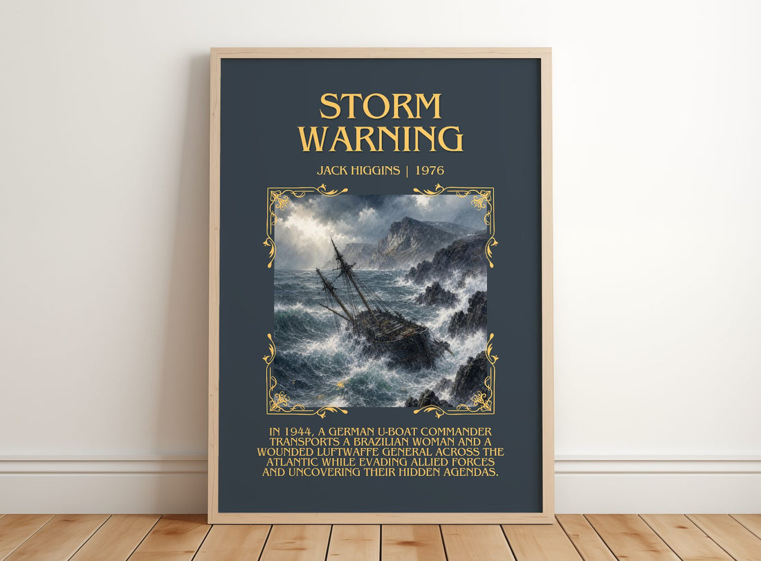 Storm Warning Minimalist Book Poster by Jack Higgins – framed print leaning on a wooden floor