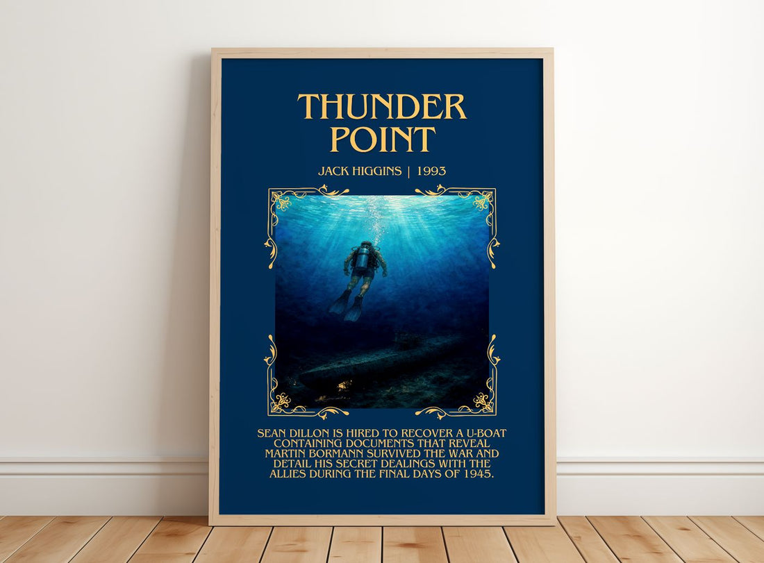Thunder Point Minimalist Book Poster by Jack Higgins – framed print leaning on a wooden floor