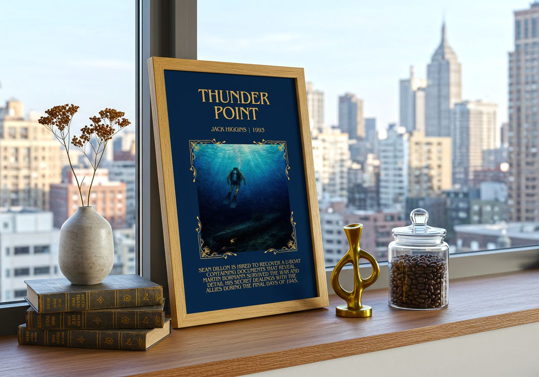 Thunder Point Minimalist Book Poster by Jack Higgins – framed print on a city-view windowsill