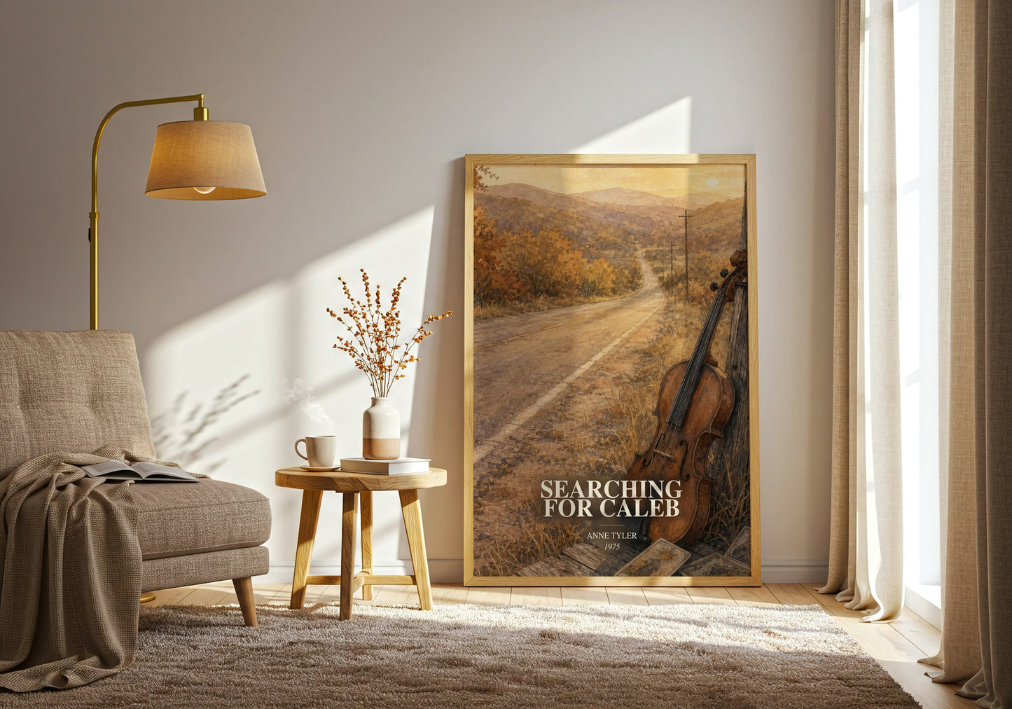 Searching For Caleb watercolour print in frame leaning in hallway – literary fiction wall art