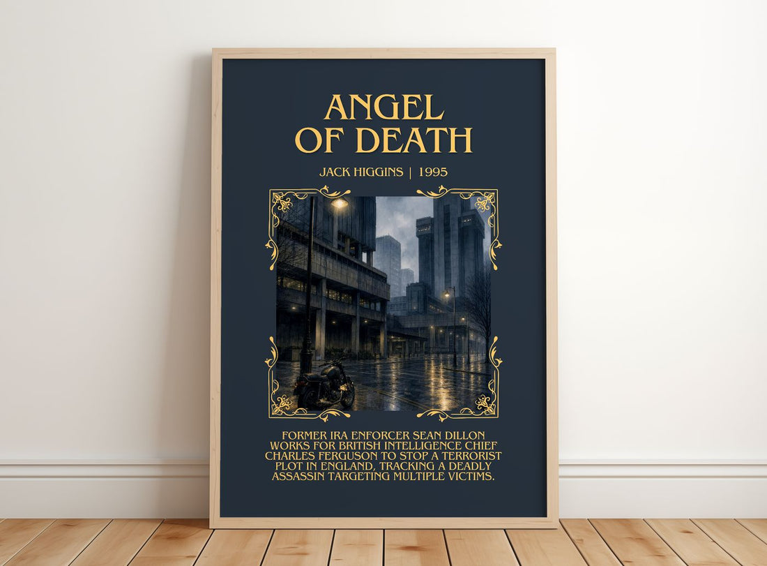 Angel Of Death Minimalist Book Poster by Jack Higgins – framed print leaning on a wooden floor