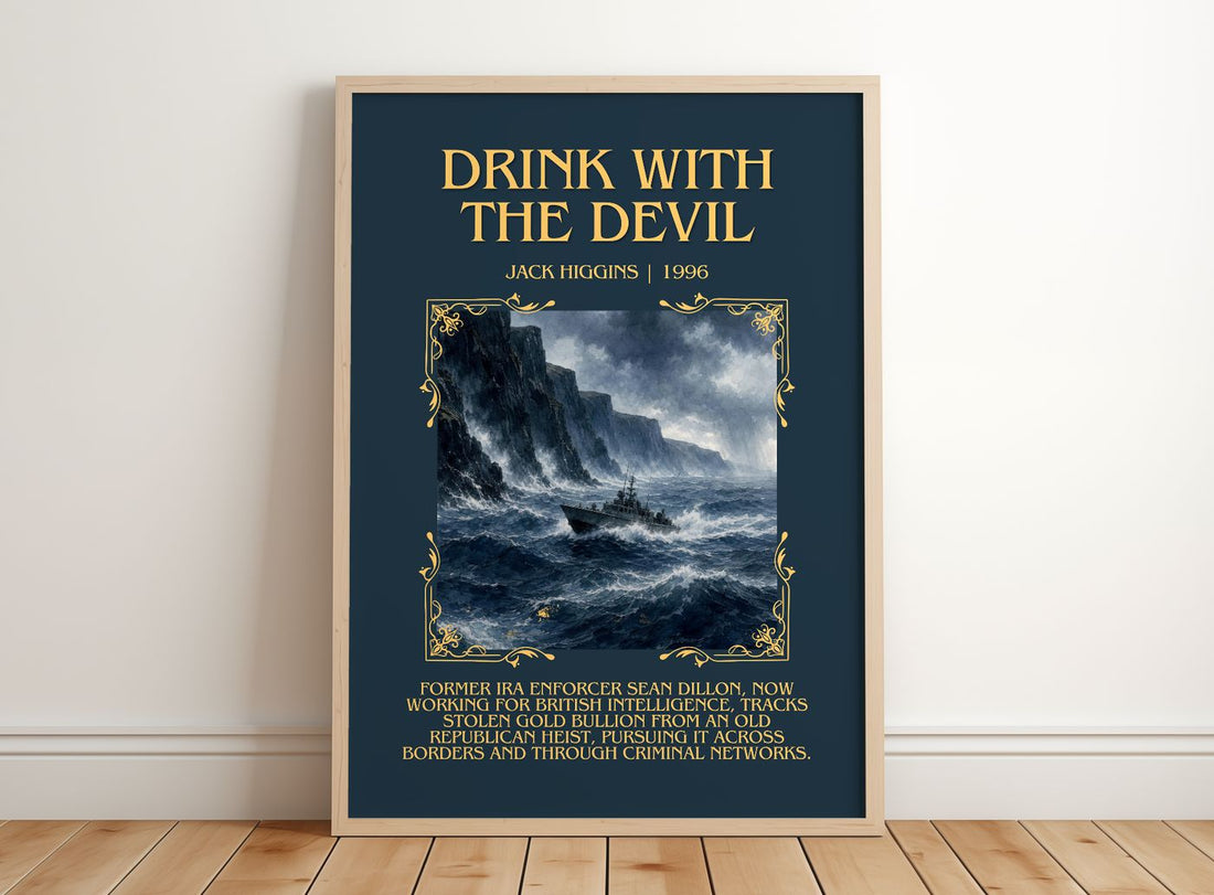 Drink With The Devil Minimalist Book Poster by Jack Higgins – framed print leaning on a wooden floor