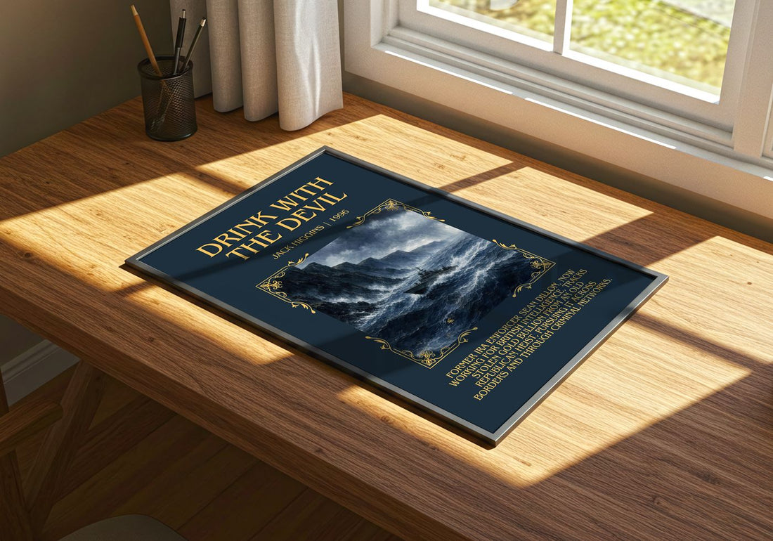 Drink With The Devil Minimalist Book Poster by Jack Higgins – print on a sunlit desk