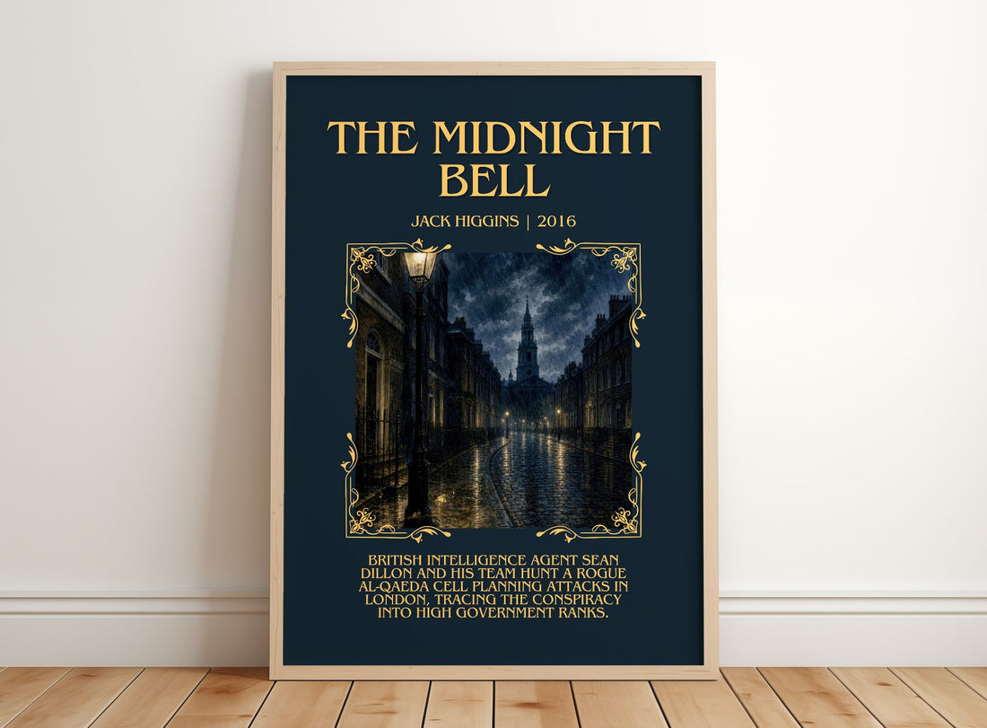The Midnight Bell Minimalist Book Poster by Jack Higgins – framed print leaning on a wooden floor