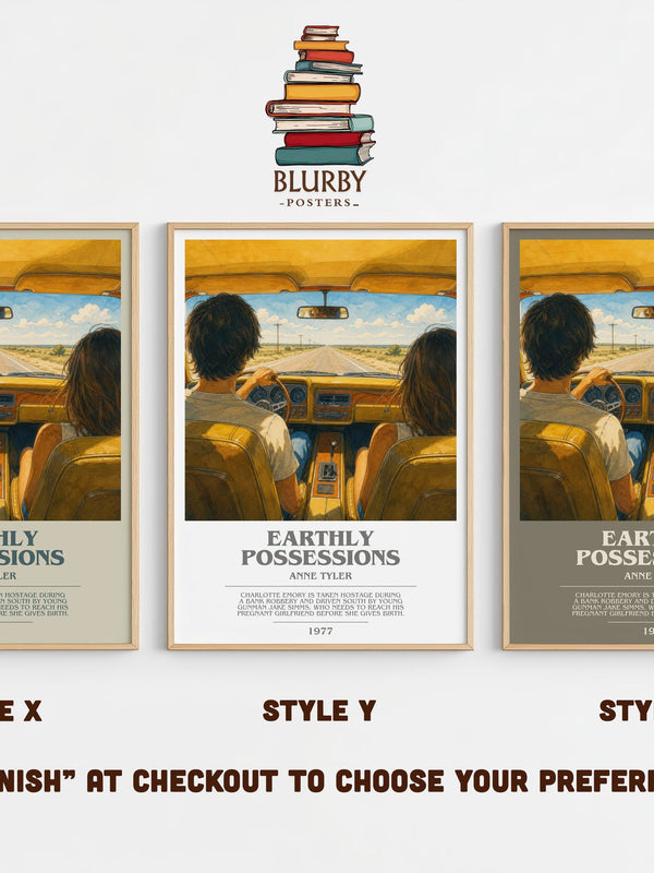 Earthly Possessions bookish print in frame leaning in hallway – literary fiction wall art