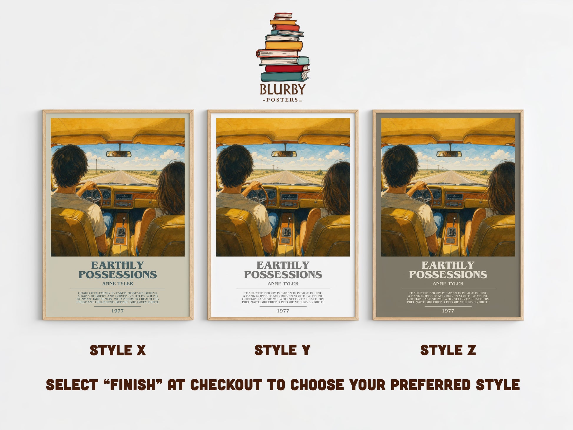 Earthly Possessions bookish print in frame leaning in hallway – literary fiction wall art