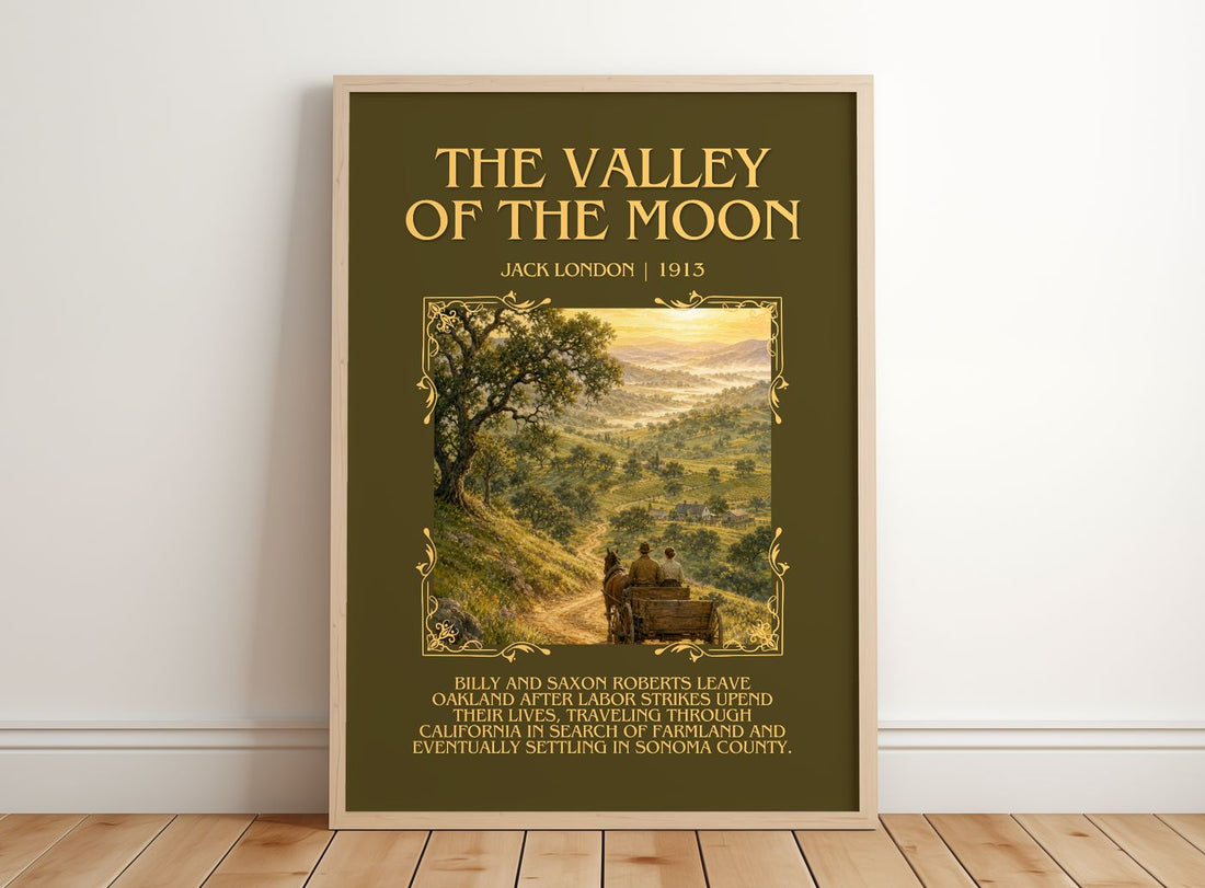 The Valley Of The Moon Minimalist Book Poster by Jack London – framed print leaning on a wooden floor