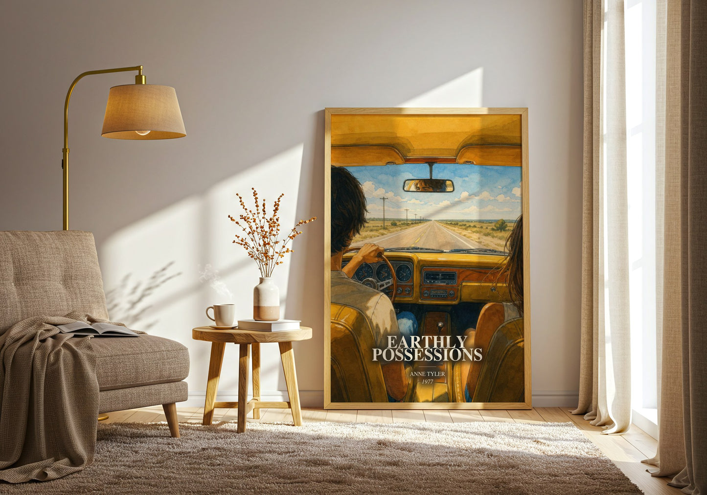 Earthly Possessions watercolour print in frame leaning in hallway – literary fiction wall art