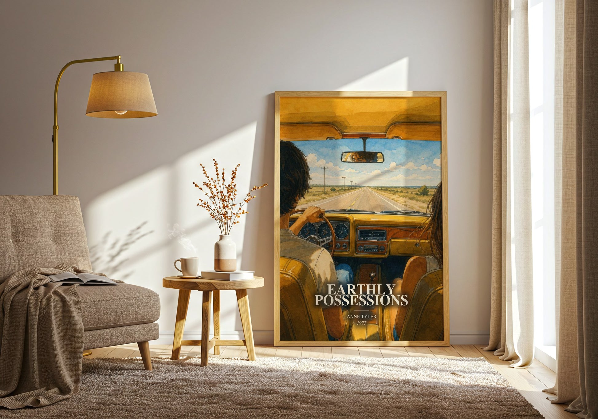 Earthly Possessions watercolour print in frame leaning in hallway – literary fiction wall art
