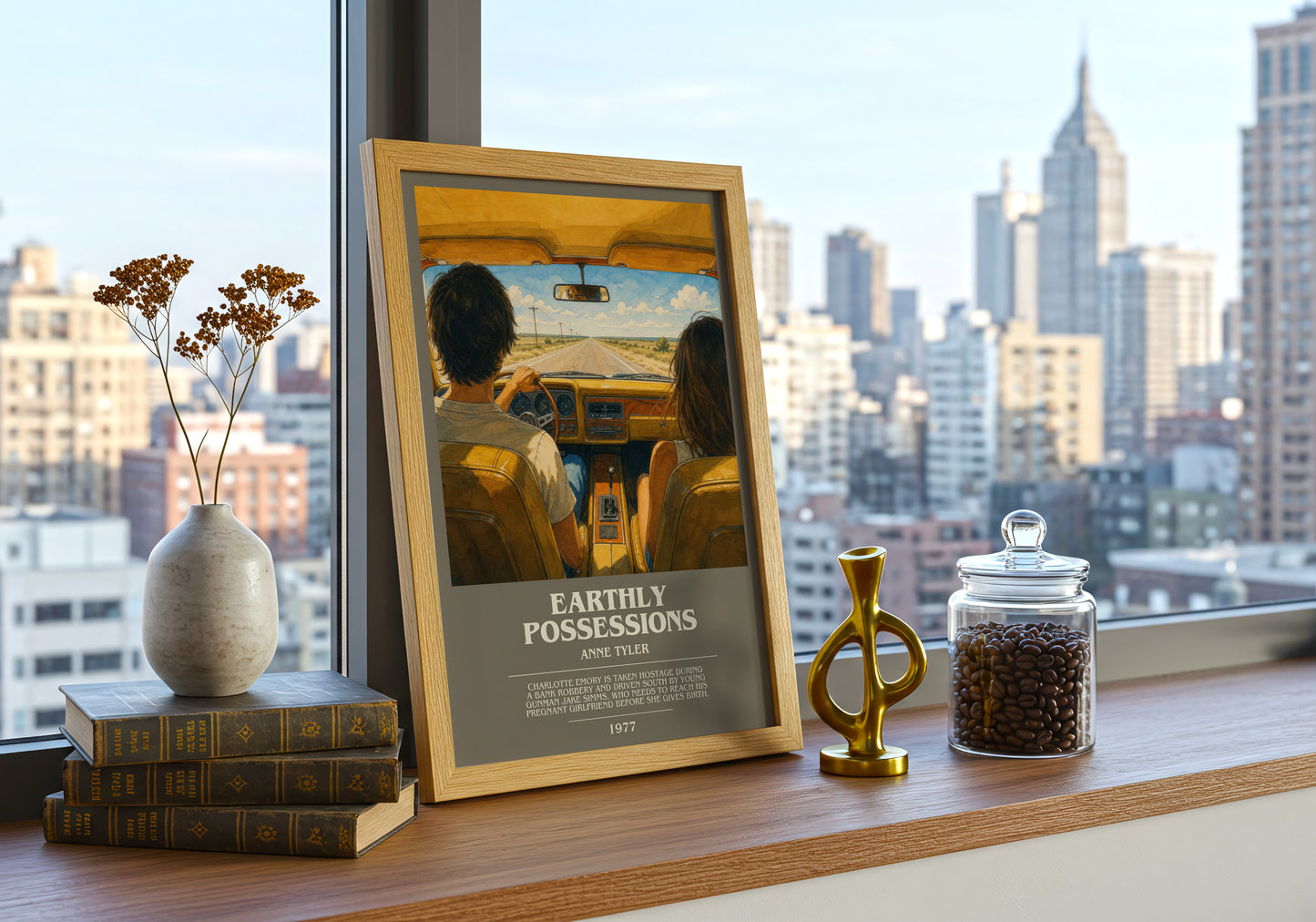 Earthly Possessions bookish print framed by window – literary home decor