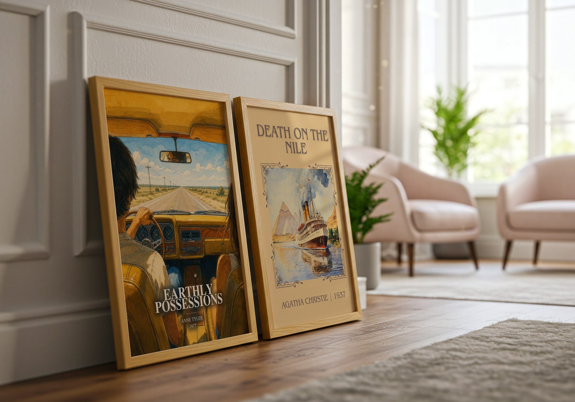 Earthly Possessions watercolour print framed by window – literary home decor