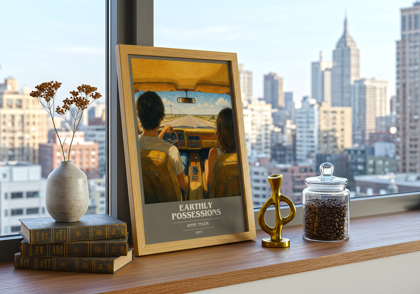 Earthly Possessions book cover print framed by window – literary home decor