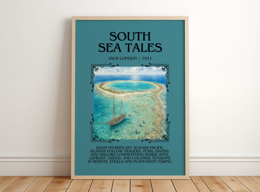 South Sea Tales Minimalist Book Poster by Jack London – framed print leaning on a wooden floor