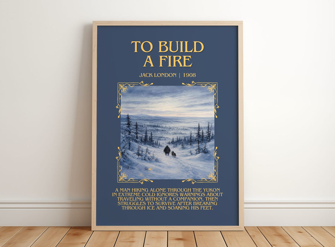 To Build A Fire Minimalist Book Poster by Jack London – framed print leaning on a wooden floor