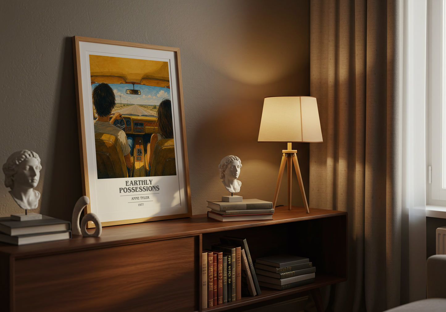 Earthly Possessions book cover book poster framed on wall – literary fiction wall art