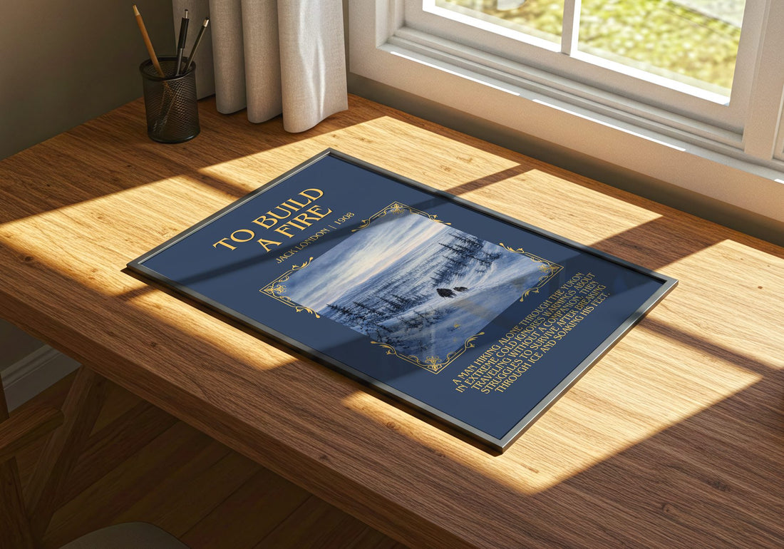To Build A Fire Minimalist Book Poster by Jack London – print on a sunlit desk