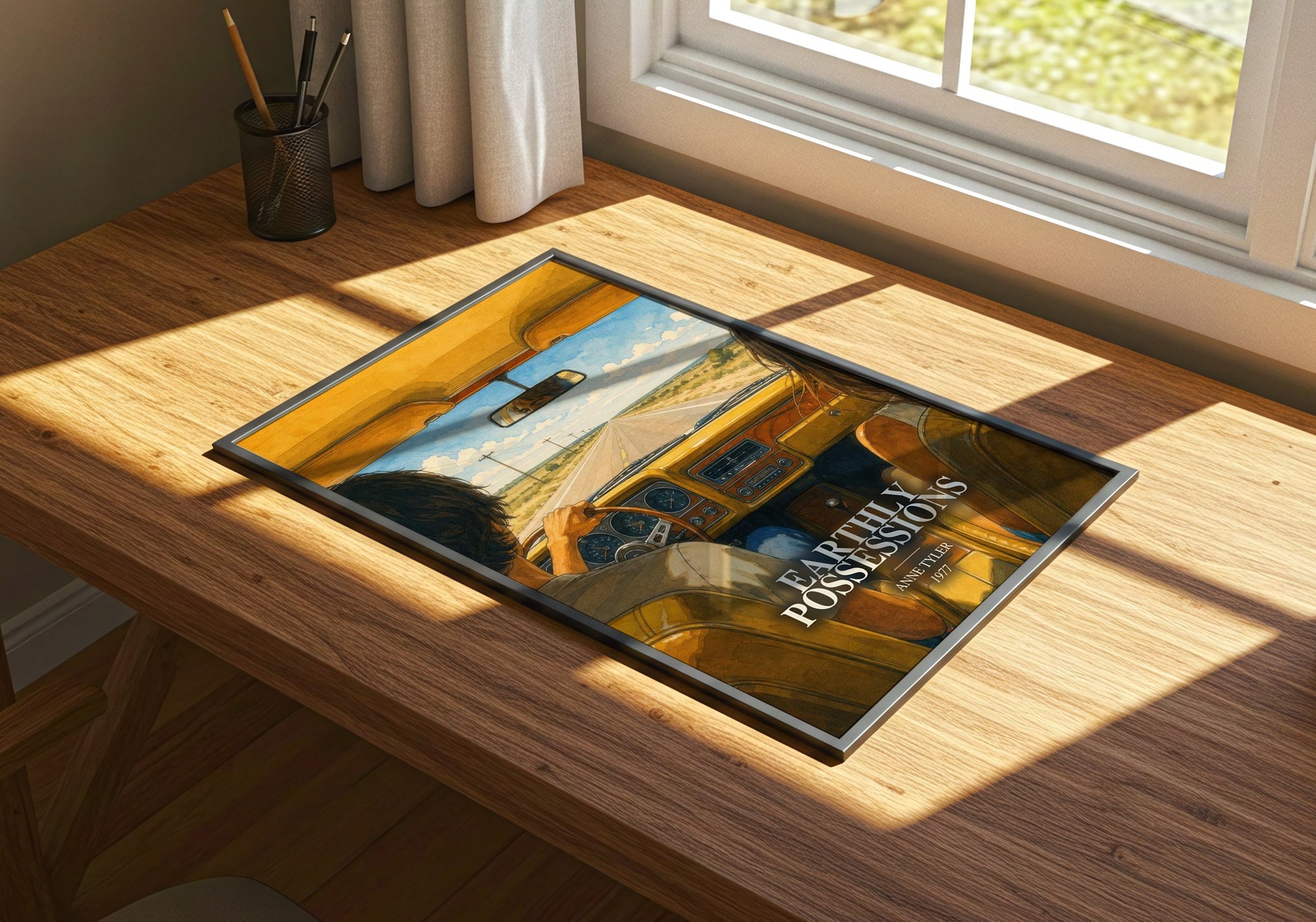 Earthly Possessions watercolour book poster framed on wall – literary fiction wall art