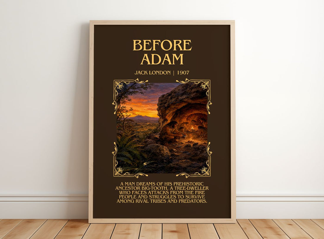 Before Adam Minimalist Book Poster by Jack London – framed print leaning on a wooden floor
