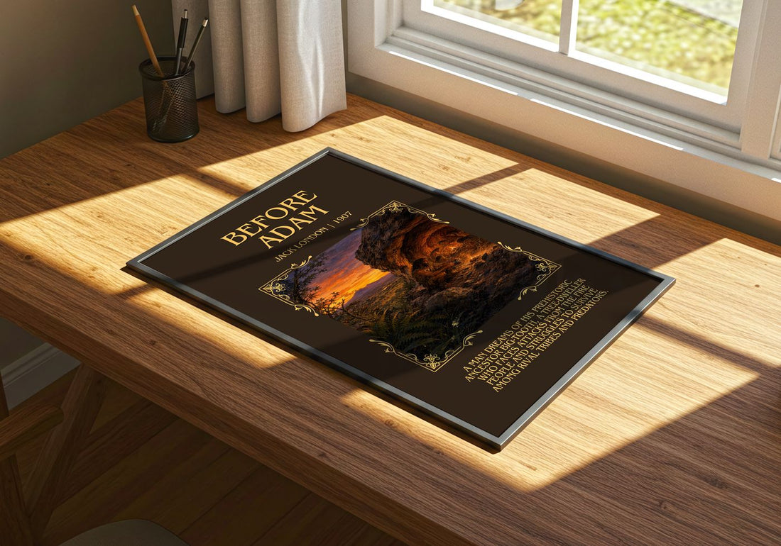 Before Adam Minimalist Book Poster by Jack London – print on a sunlit desk