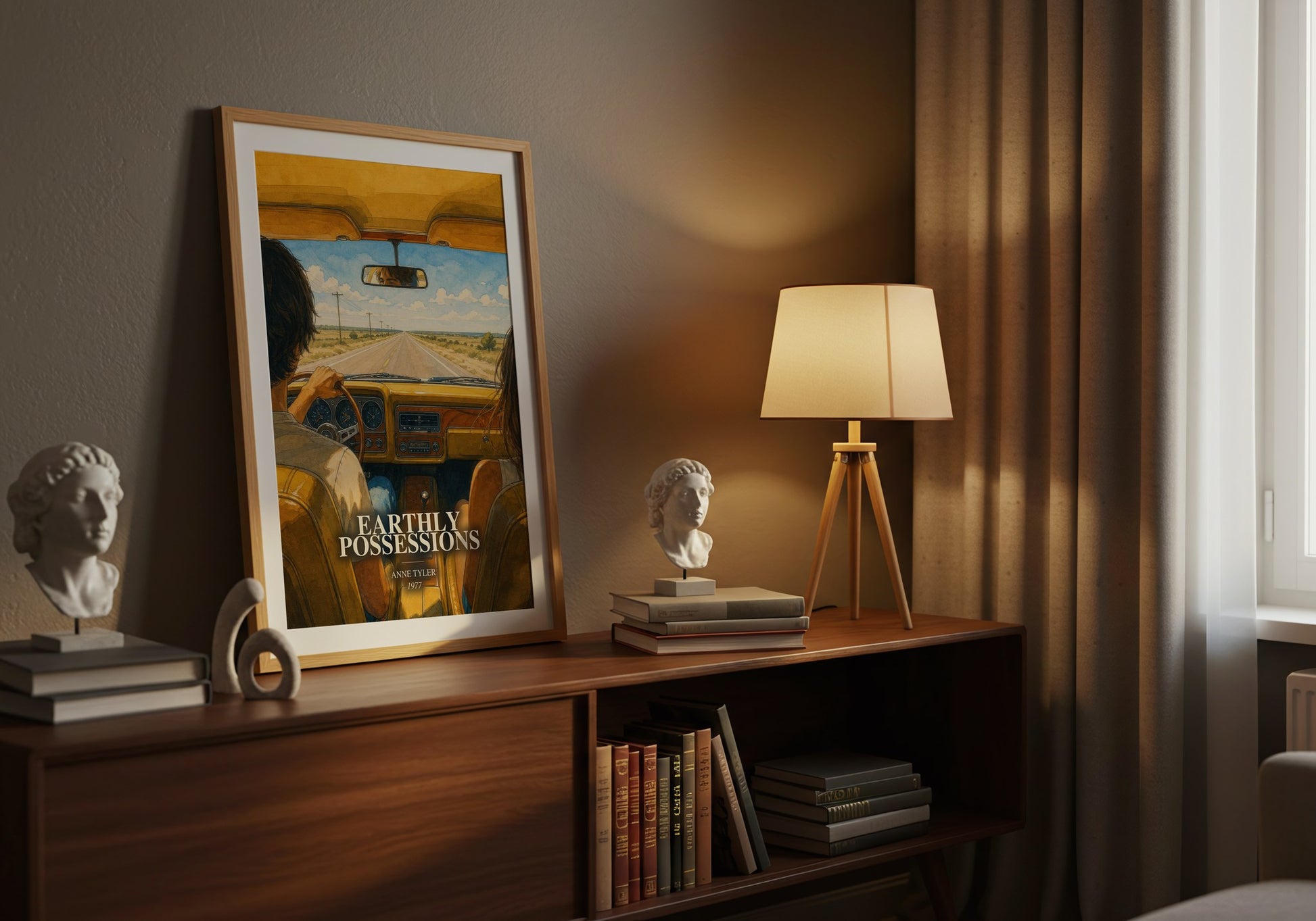 Earthly Possessions watercolour print on bookshelf – Anne Tyler fan gift