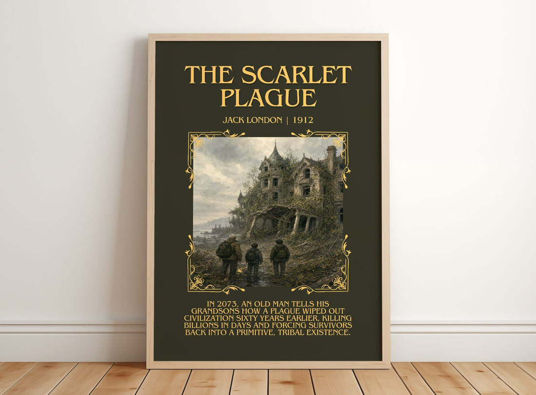 The Scarlet Plague Minimalist Book Poster by Jack London – framed print leaning on a wooden floor
