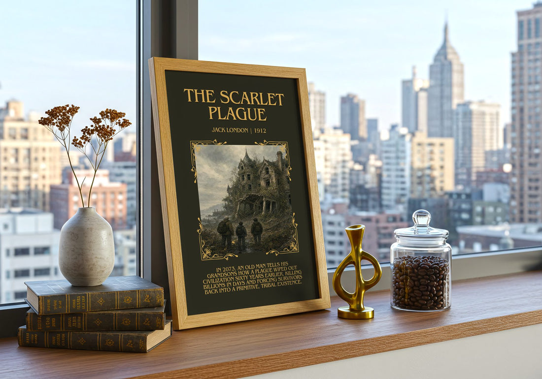 The Scarlet Plague Minimalist Book Poster by Jack London – framed print on a city-view windowsill
