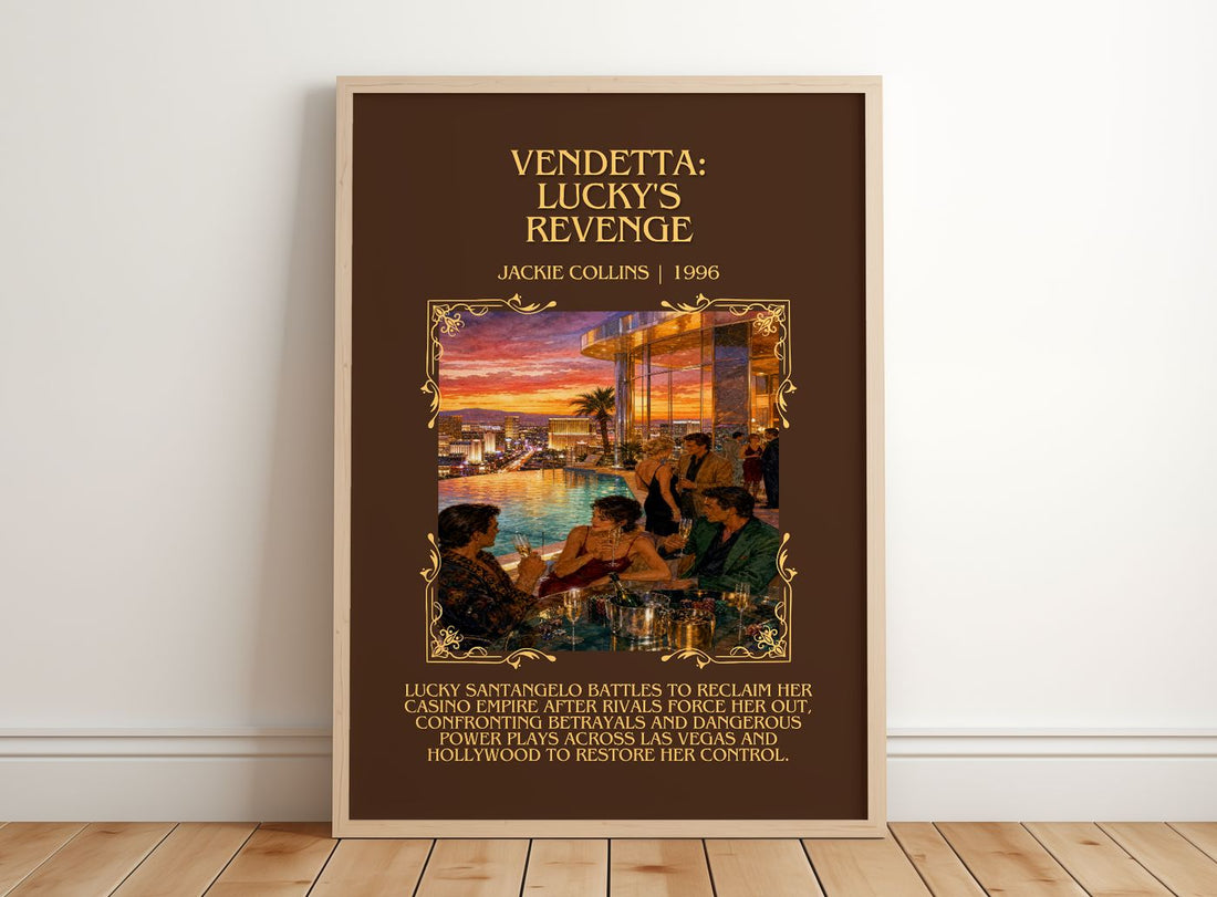 Vendetta: Lucky'S Revenge Minimalist Book Poster by Jackie Collins – framed print leaning on a wooden floor