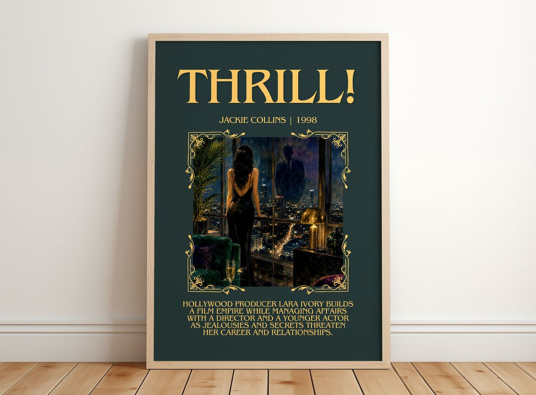 Thrill! Minimalist Book Poster by Jackie Collins – framed print leaning on a wooden floor