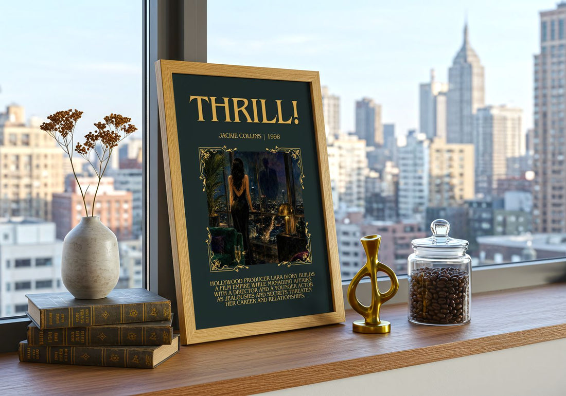 Thrill! Minimalist Book Poster by Jackie Collins – framed print on a city-view windowsill