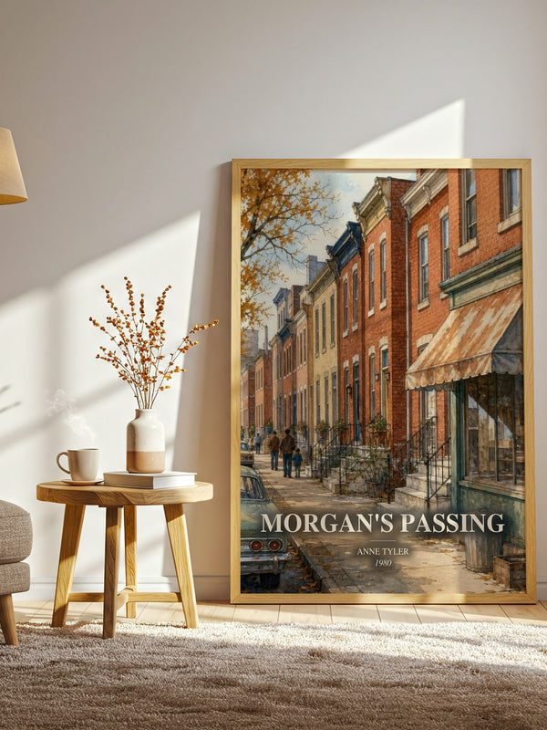 Morgan'S Passing watercolour print in frame leaning in hallway – contemporary fiction wall art