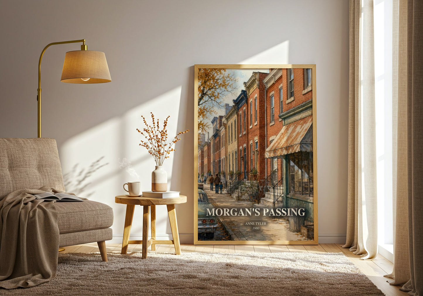 Morgan'S Passing watercolour print in frame leaning in hallway – contemporary fiction wall art