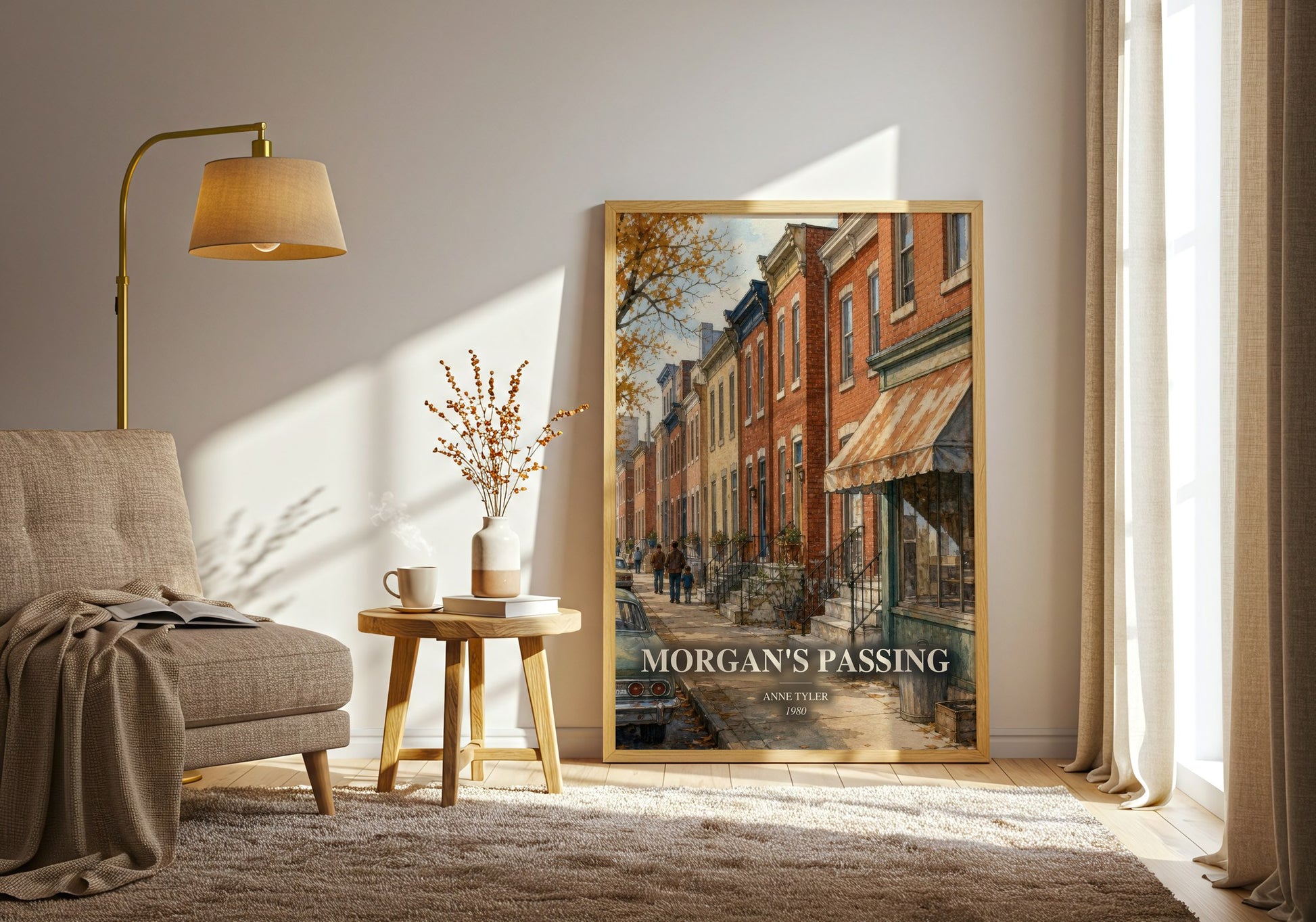 Morgan'S Passing watercolour print in frame leaning in hallway – contemporary fiction wall art