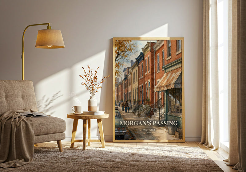 Morgan'S Passing watercolour print in frame leaning in hallway – contemporary fiction wall art