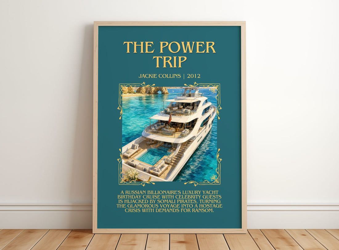 The Power Trip Minimalist Book Poster by Jackie Collins – framed print leaning on a wooden floor