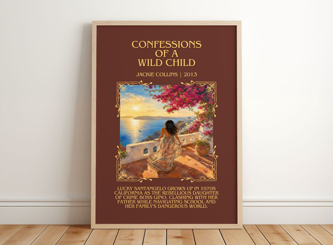 Confessions Of A Wild Child Minimalist Book Poster by Jackie Collins – framed print leaning on a wooden floor